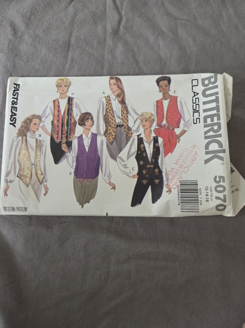 Vintage Butterick 5070 sewing pattern is for a Misses' loose-fitting, lined vest